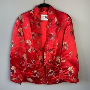 Vintage Peony Brand Red Satin Brocade Jacket, Floral Embroidery, Frog Closures